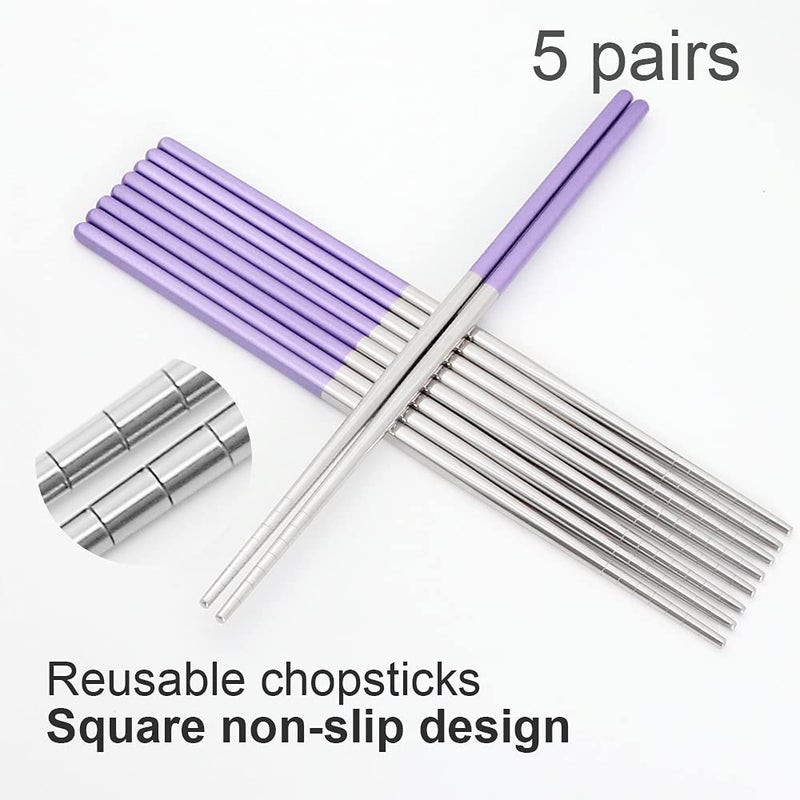 MUYOS Stainless Steel Chopsticks Reusable Multicolor Lightweight 304 Metal Chopsticks Dishwasher Safe - 5 Pairs (Purple) - Image 5